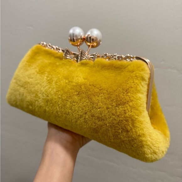 Genuine Shearling Leather “Pearl” Kisslock Clutch Bag/Evening Bag/Crossbody